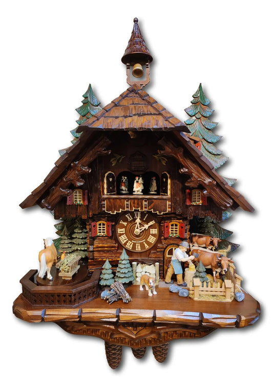 Black Forest house with large movable wood chopper 8-day cuckoo clock with music Hekas