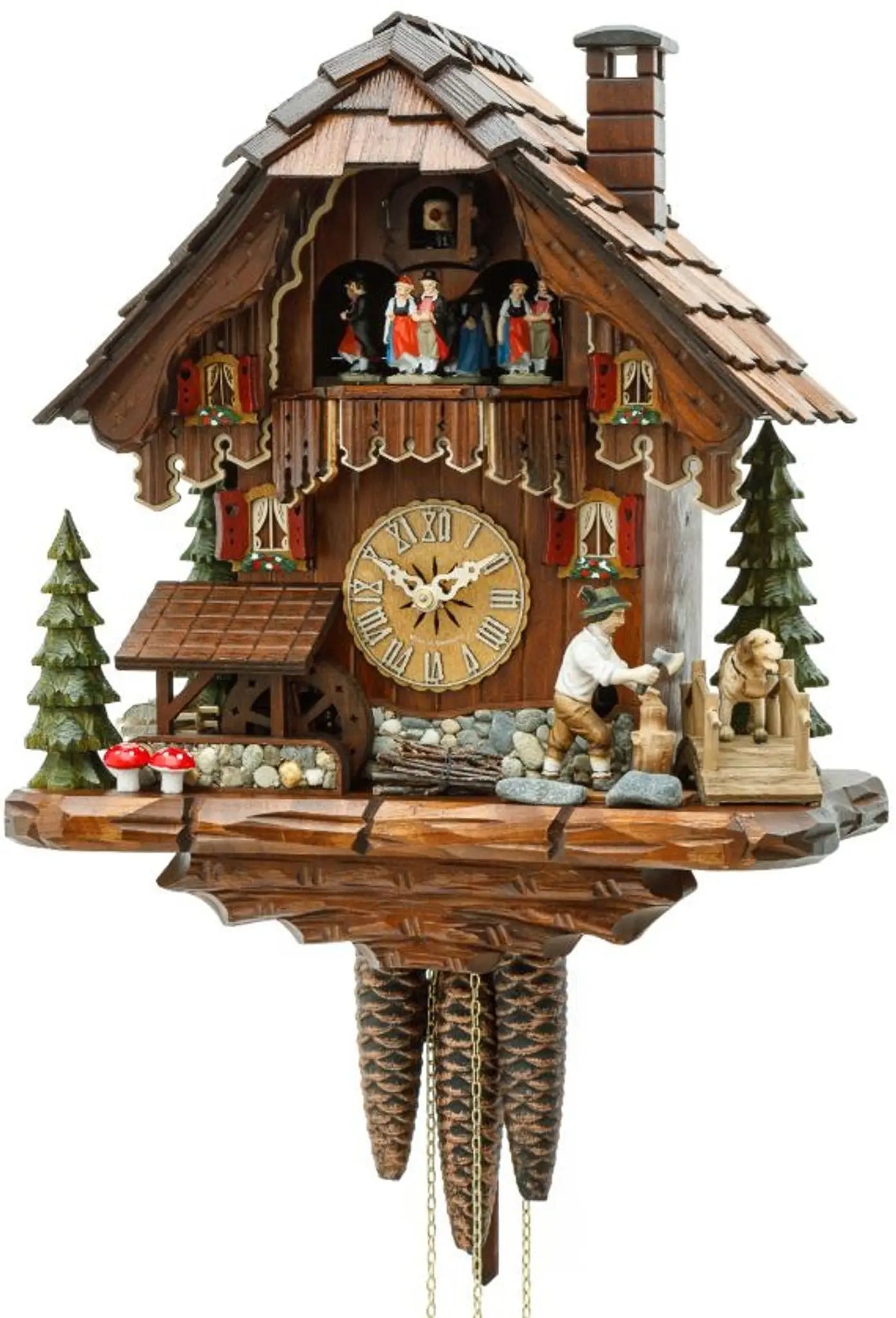 Black Forest house with movable wood chopper and mill wheel 1 day cuckoo clock Hekas