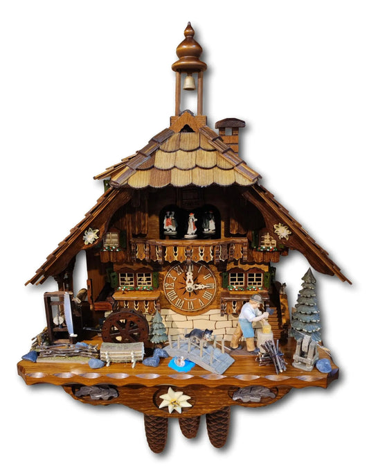 Black Forest house with wood chopper and sawmill 8 days Cuckoo clock with music Hekas