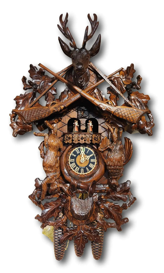 Hunting piece hand-carved 8 day cuckoo clock with music Hoenes
