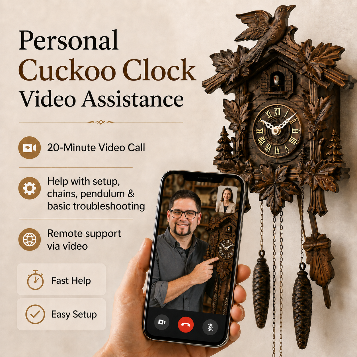 Personal Cuckoo Clock Video Assistance – 20 Minutes Montag Steins & Clocks