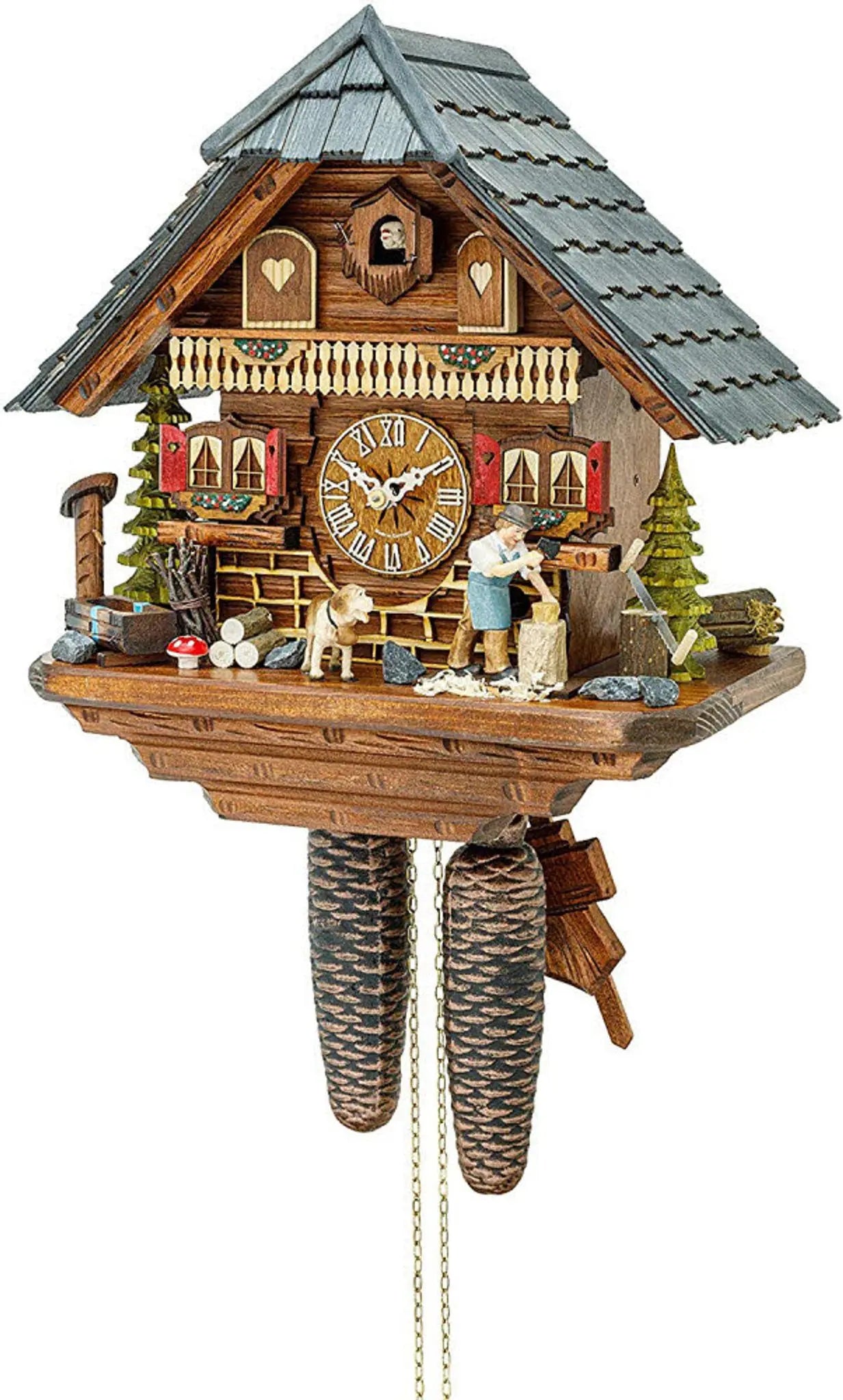 Wood chipper cuckoo clock with dog and gray roof 8 days Hekas