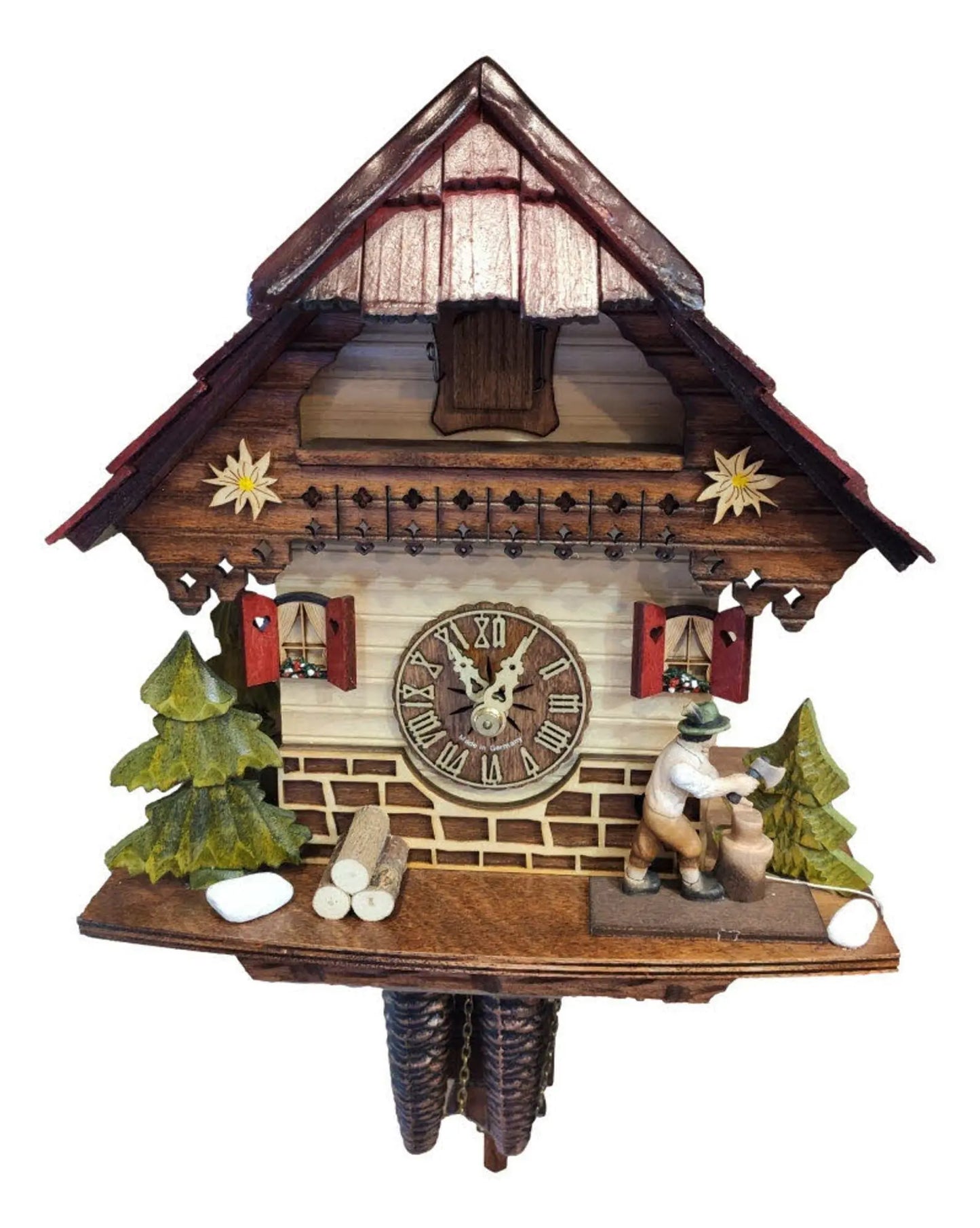 Wood chopper with red shutters 1 day cuckoo clock Hekas