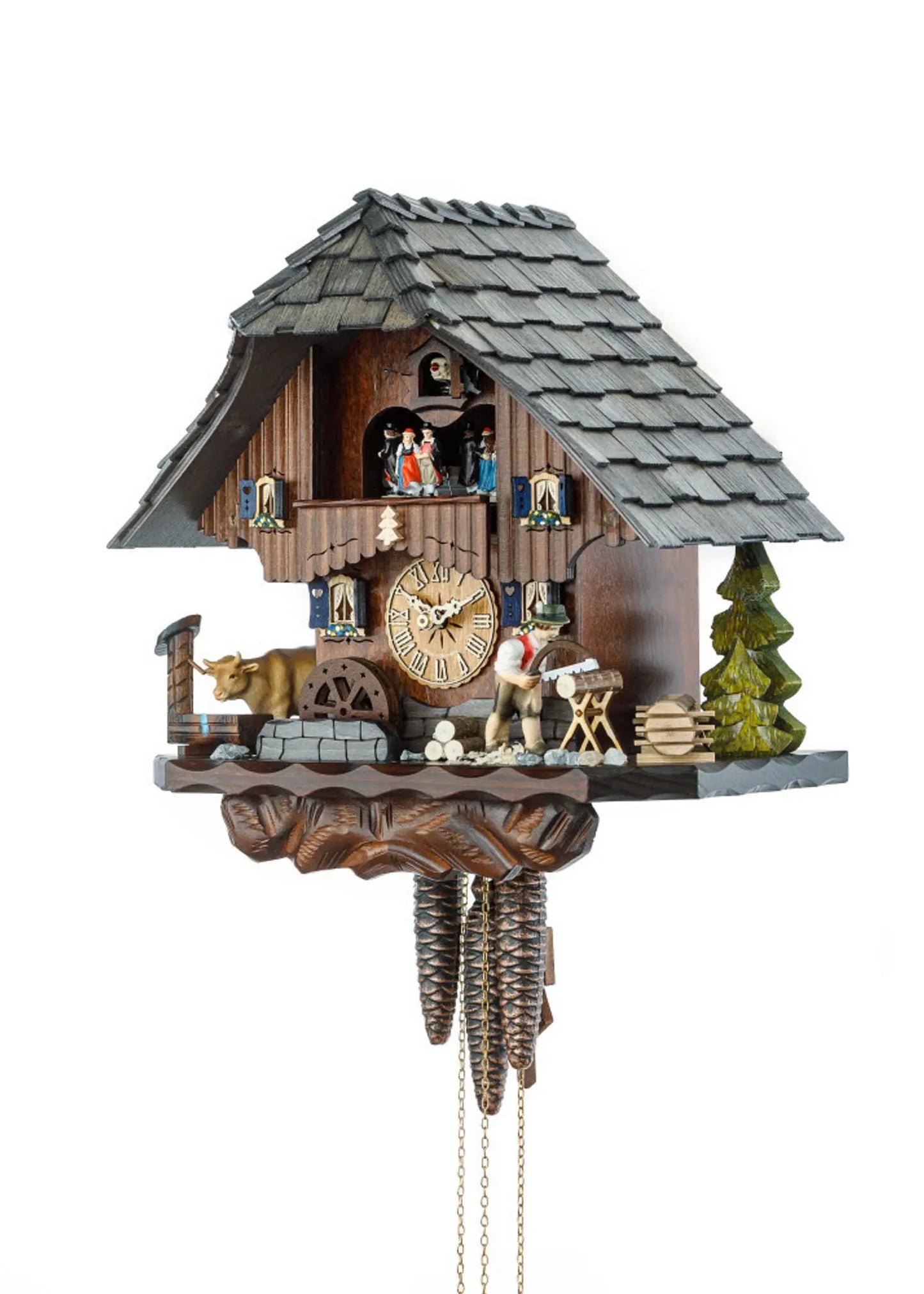 Wooden sawyer with black forest house gray roof 1 day cuckoo clock Hekas