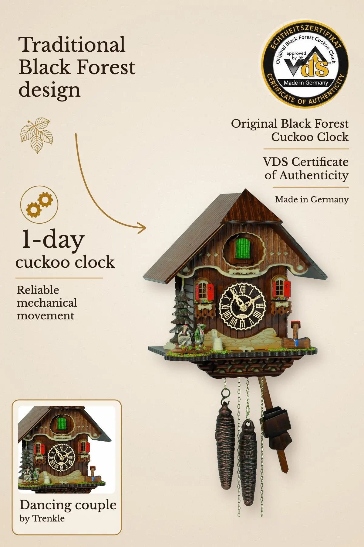 1 day cuckoo clock with dancing couple by Trenkle – made in the Black Forest | Montag Steins & Clocks