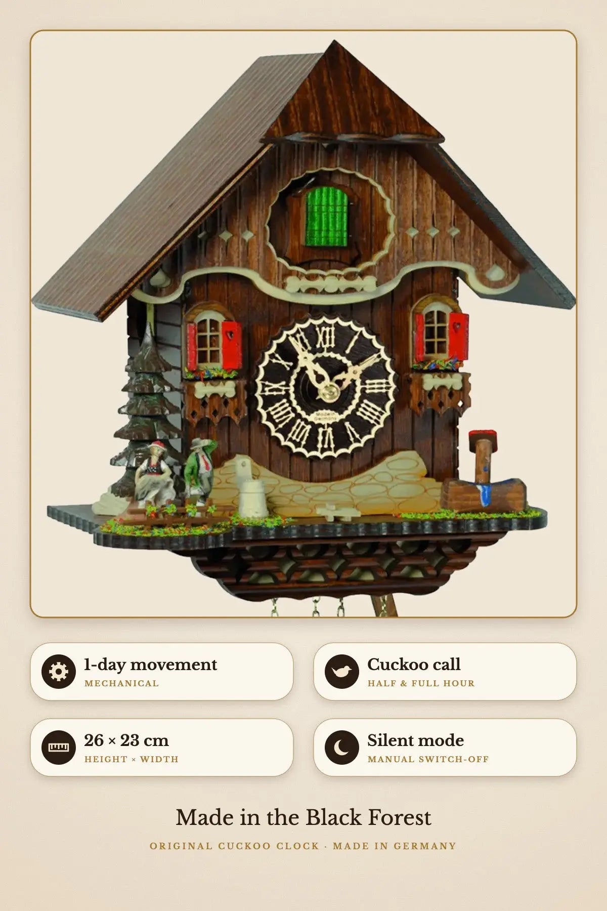1-day movement, cuckoo call, 26 x 23 cm, silent mode | Montag Steins & Clocks