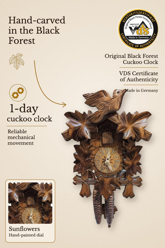 1 day cuckoo clock classic with hand-painted sunflowers – hand-carved, VDS certified | Montag Steins & Clocks
