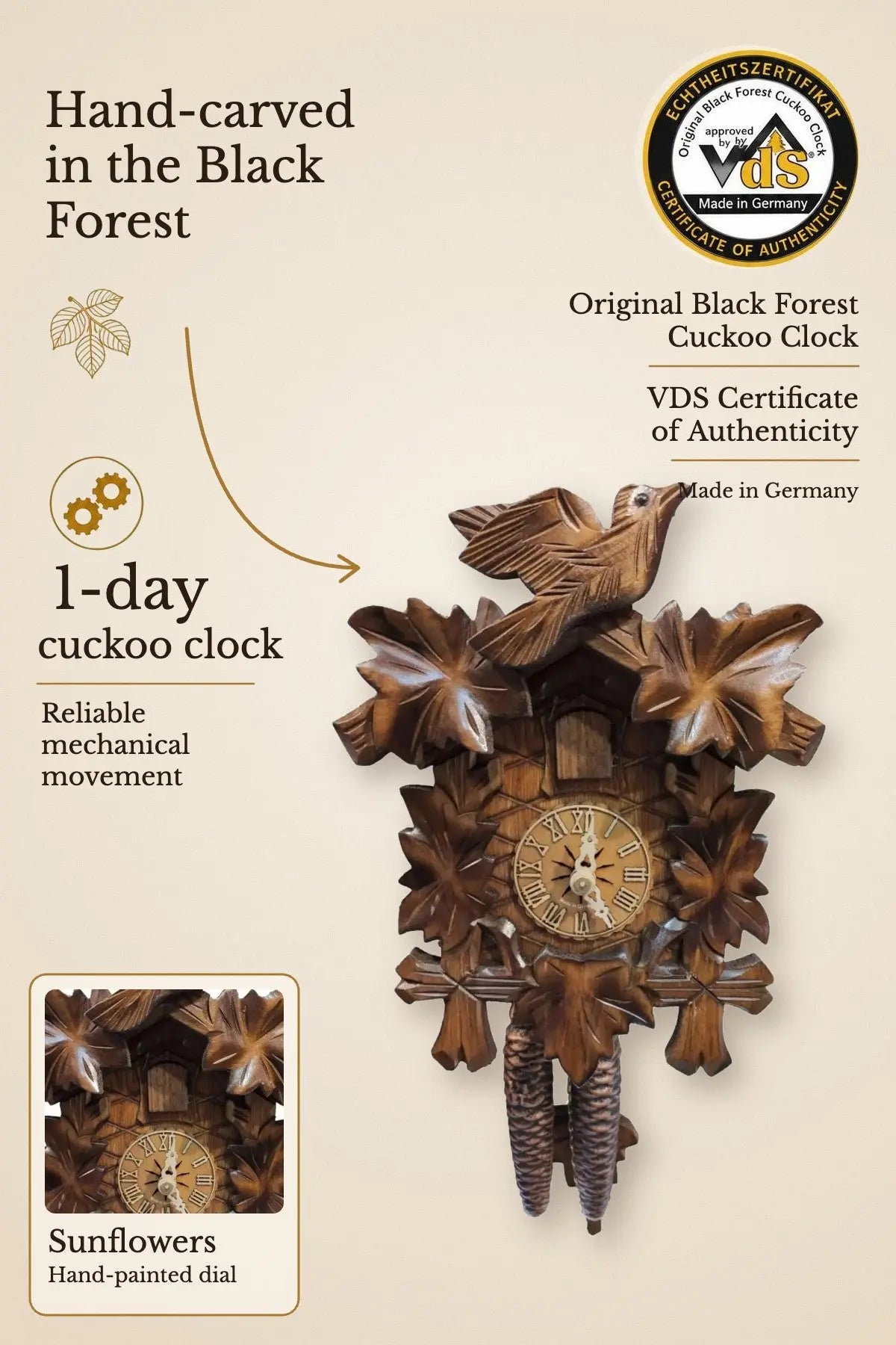 1 day cuckoo clock classic with hand-painted sunflowers – hand-carved, VDS certified | Montag Steins & Clocks