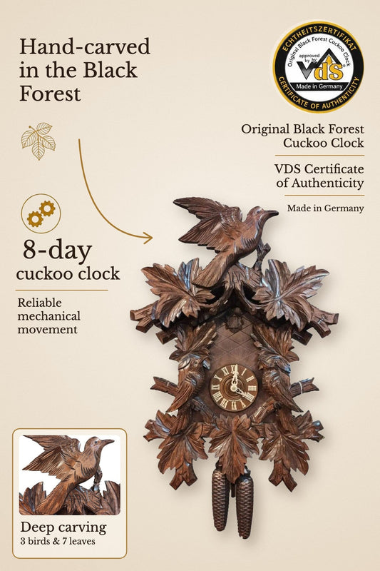 7 leaf, 3 birds hand-carved 8 day cuckoo clock – VDS certified, made in the Black Forest | Montag Steins & Clocks