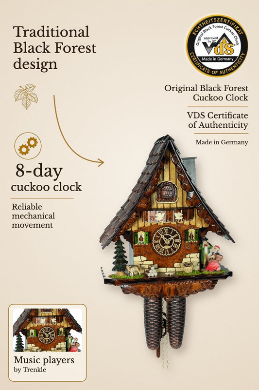 8-day cuckoo clock pointed roof with music players by Trenkle – made in the Black Forest | Montag Steins & Clocks