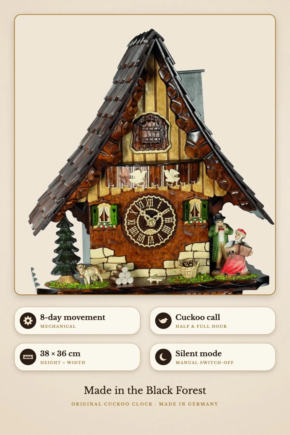 8-day movement, cuckoo call, 38 x 36 cm, silent mode | Montag Steins & Clocks