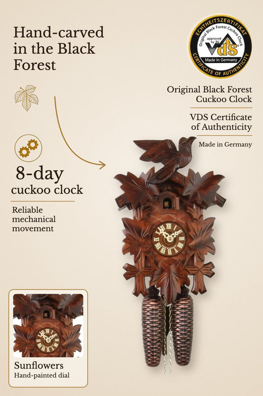 8 days cuckoo clock classic with hand-painted sunflowers – hand-carved, VDS certified | Montag Steins & Clocks