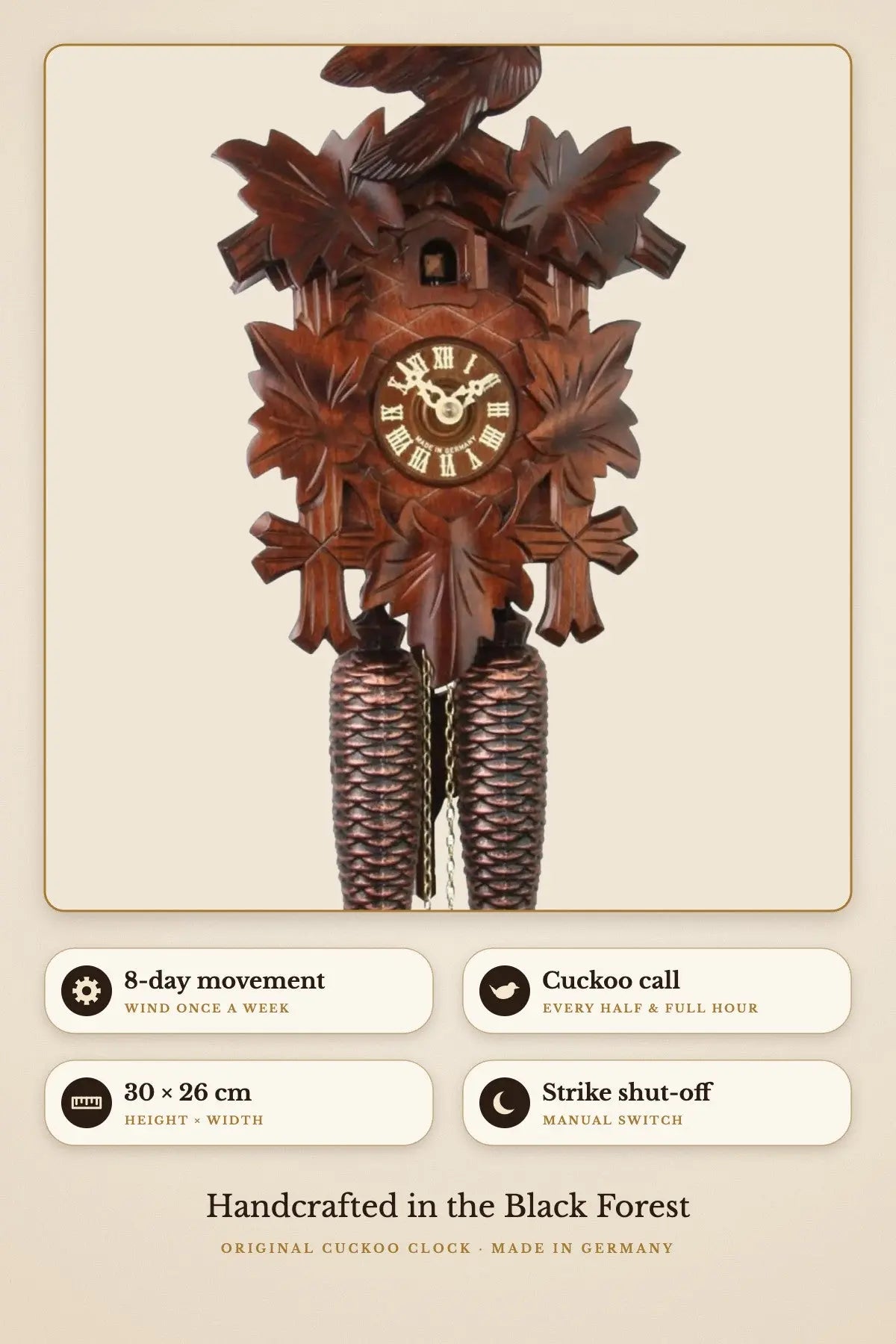 8-day movement, cuckoo call, 30 x 26 cm, manual strike shut-off | Montag Steins & Clocks