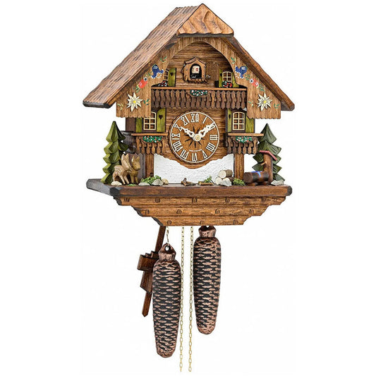 Alpine hut with deer and painted flowers 8-day cuckoo clock Montag Steins & Clocks