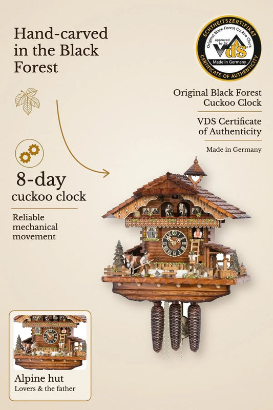 Alpine hut with lovers 8-day cuckoo clock with music – VDS certified | Montag Steins & Clocks