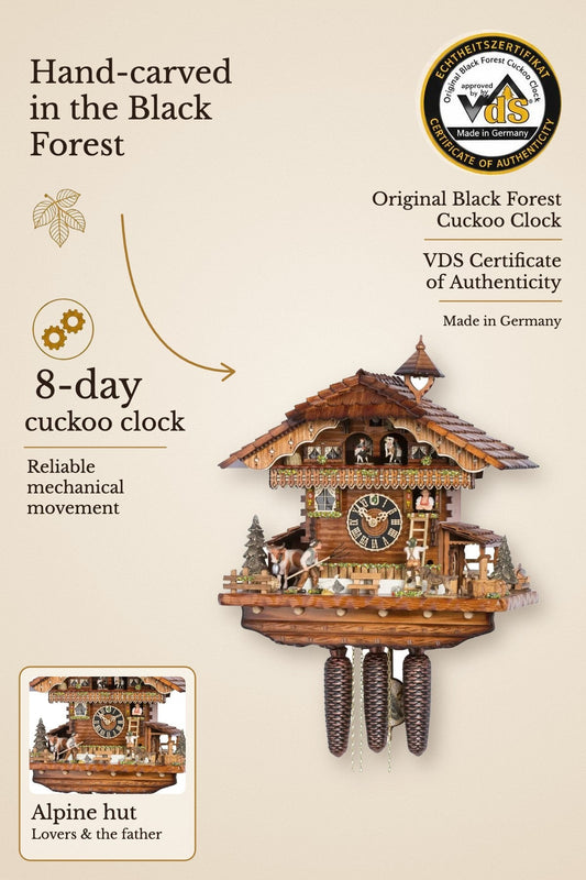 Alpine hut with lovers 8-day cuckoo clock with music – VDS certified | Montag Steins & Clocks