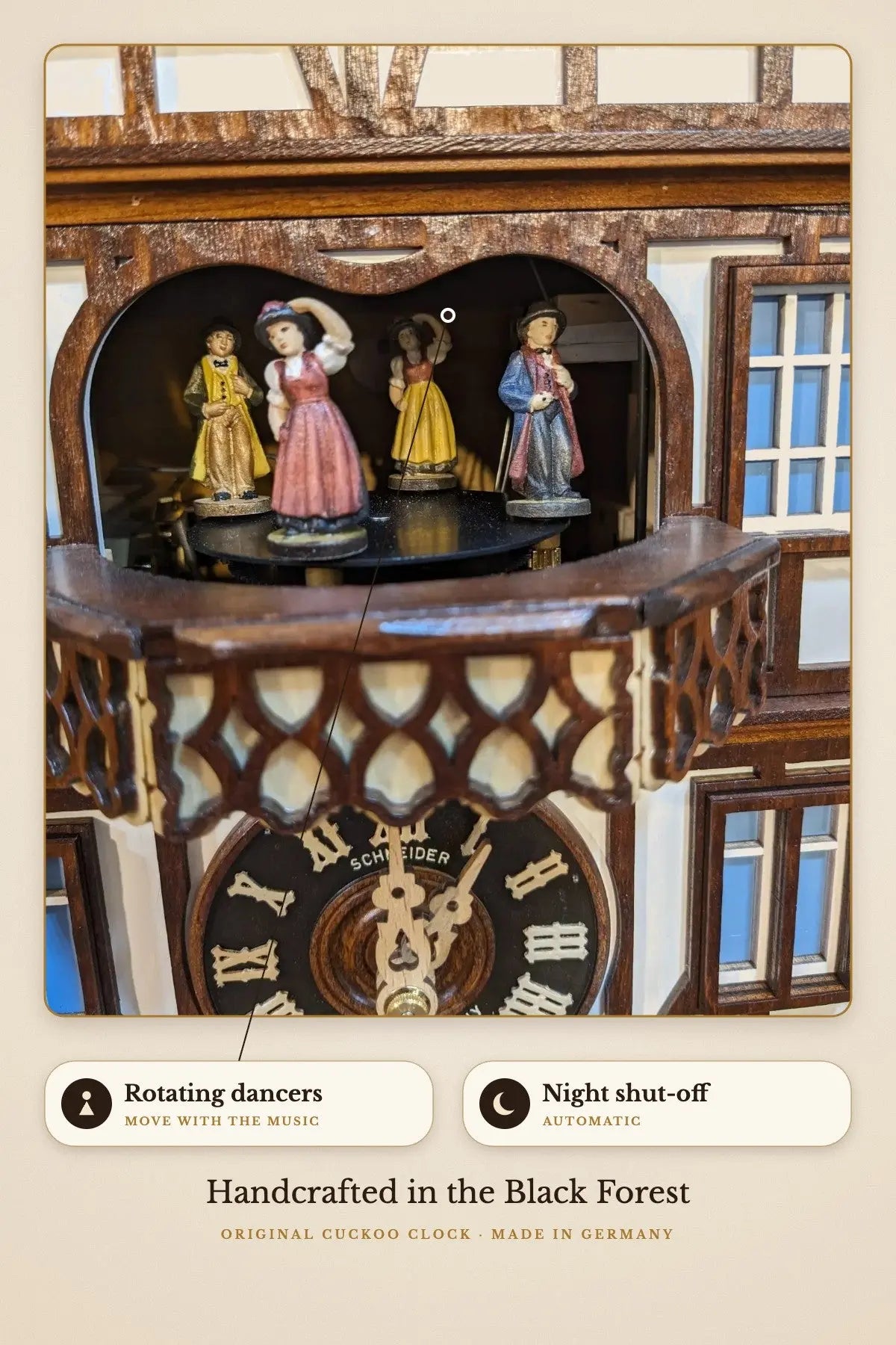 Alsfeld Town Hall Cuckoo Clock – dancing figures detail | Montag Steins & Clocks