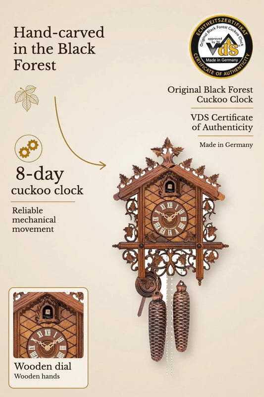 Bahnhäusle 8 day cuckoo clock – hand-carved, VDS certified | Montag Steins & Clocks