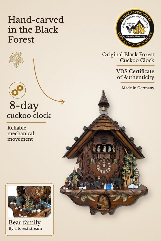 Bear Family Cuckoo Clock – 8-day musical, hand-carved, VDS certified | Montag Steins & Clocks