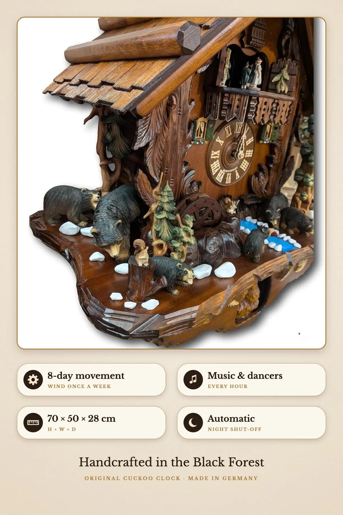 Bear Family Cuckoo Clock – 8-day, music & dancers, 70 × 50 × 28 cm, automatic night shut-off | Montag Steins & Clocks
