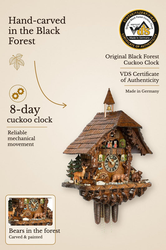 Bears in the forest 8 day cuckoo clock with music – hand-carved, VDS certified | Montag Steins & Clocks