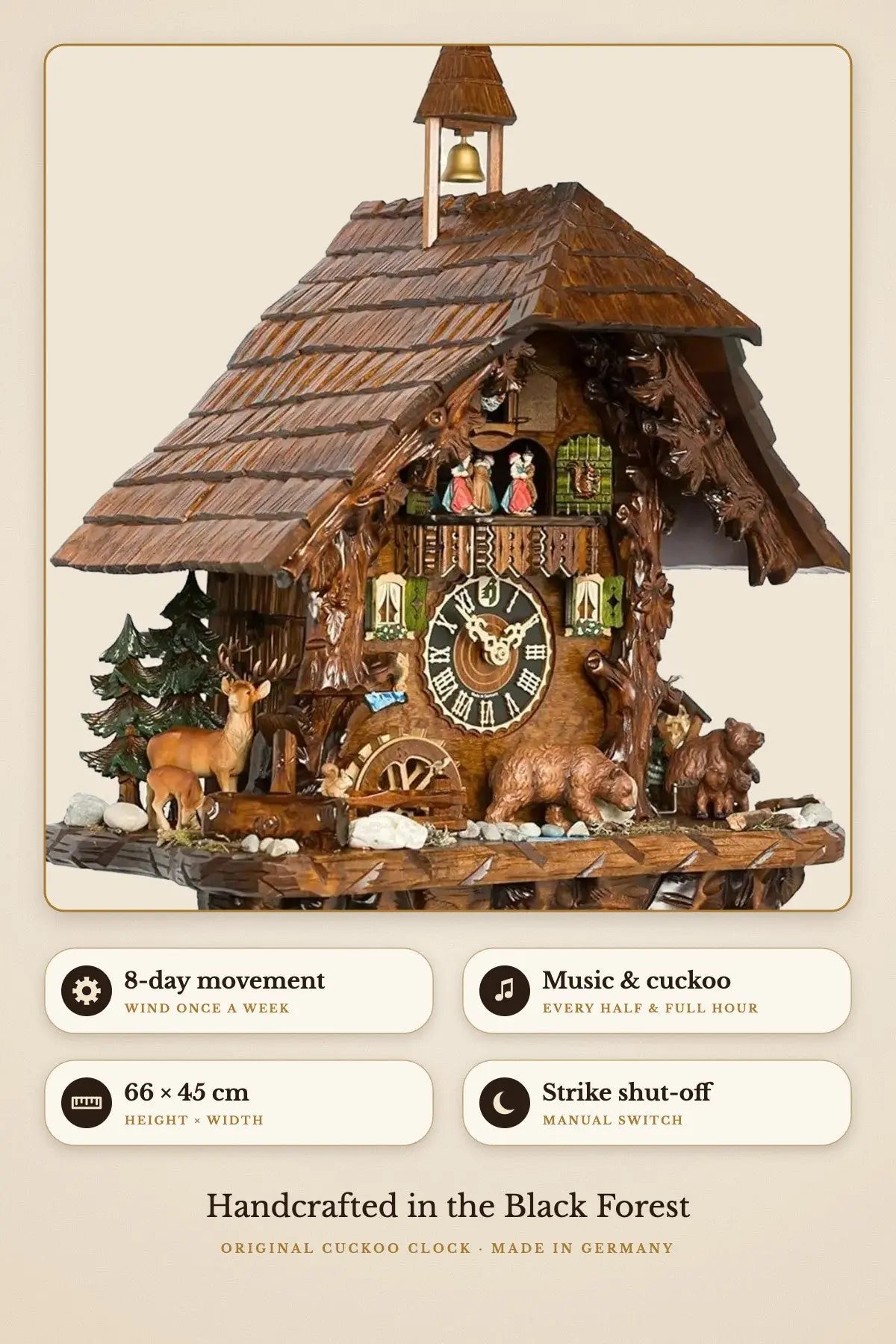 8-day movement, music and cuckoo, 66 x 45 cm, manual strike shut-off | Montag Steins & Clocks