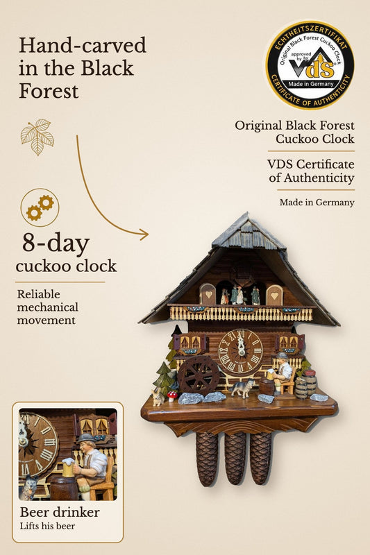 Beer Drinker Black Forest Cuckoo Clock – 8-day musical, VDS certified | Montag Steins & Clocks