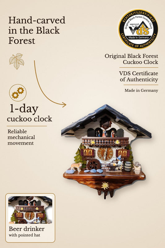 Beer drinker cuckoo clock with pointed hat, 1 day movement, music – VDS certified | Montag Steins & Clocks