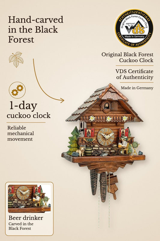 Beer drinker 1 day cuckoo clock – carved in the Black Forest | Montag Steins & Clocks