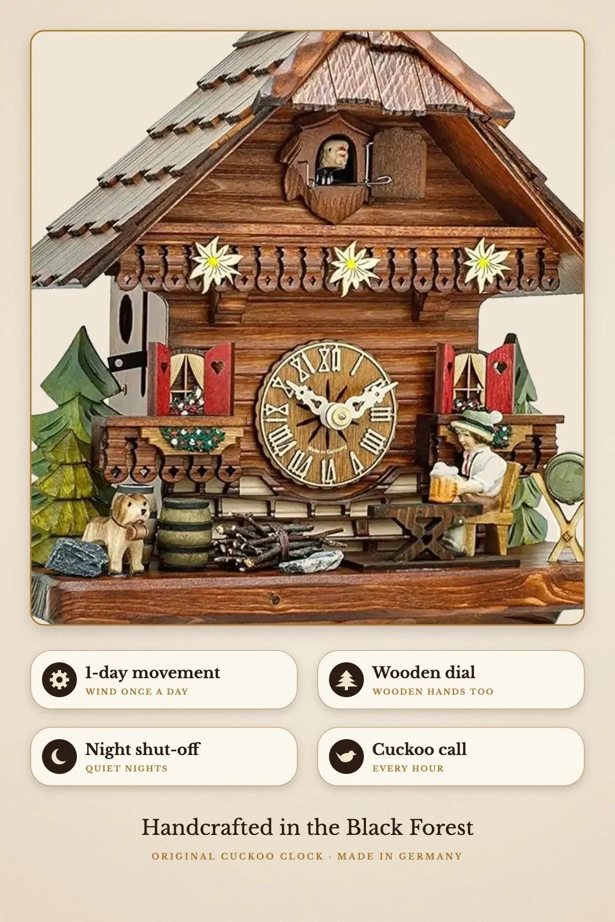 1-day movement, wooden dial and hands, night shut-off | Montag Steins & Clocks