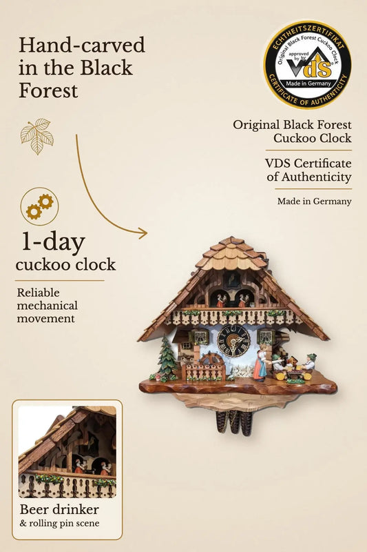 Beer drinker and rolling pin 1-day cuckoo clock with music – VDS certified | Montag Steins & Clocks