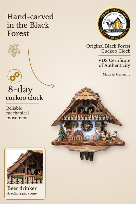 Beer drinker and rolling pin 8-day cuckoo clock with music – VDS certified | Montag Steins & Clocks