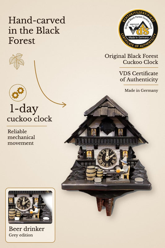 Beer drinker grey 1 day cuckoo clock – hand-carved, VDS certified | Montag Steins & Clocks