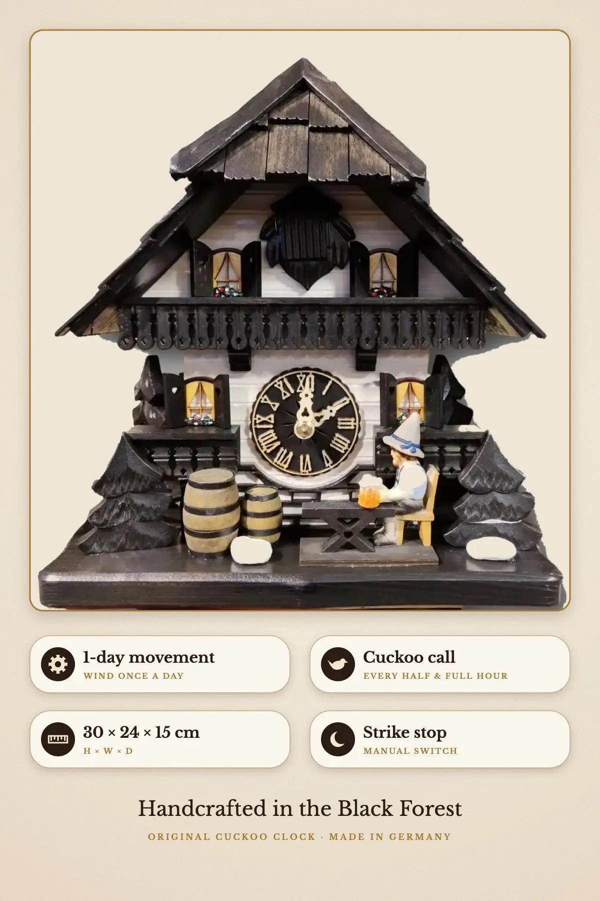 1-day movement, cuckoo call, 30 x 24 x 15 cm, manual strike stop | Montag Steins & Clocks