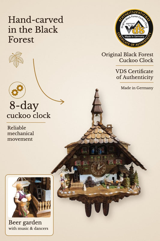 Beer drinker in a beer garden 8 day cuckoo clock with music – hand-carved, VDS certified | Montag Steins & Clocks