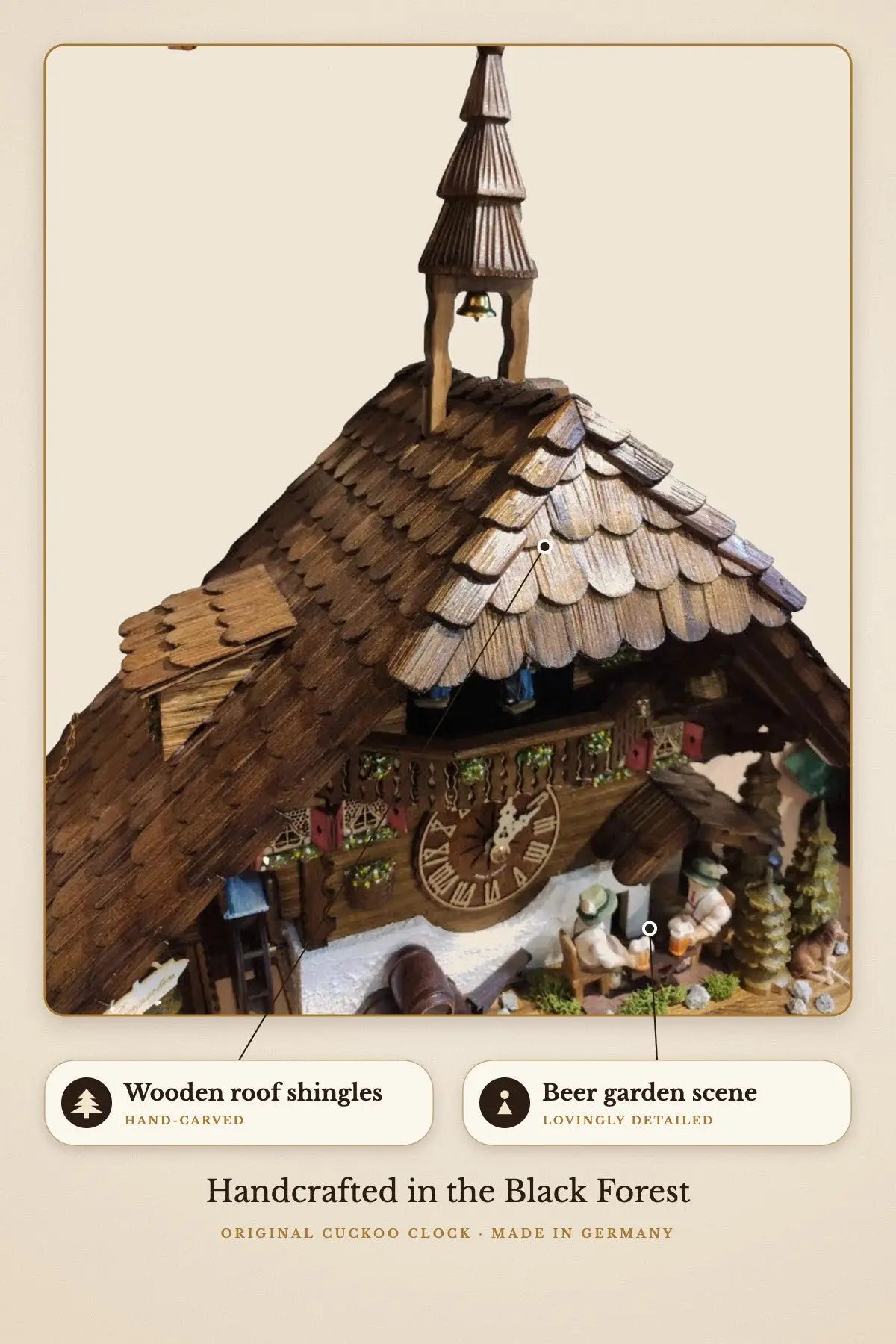 Hand-carved wooden roof shingles and beer garden scene | Montag Steins & Clocks