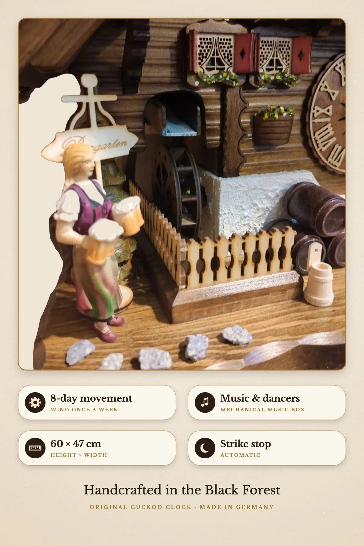 8-day movement, music and dancers, 60 x 47 cm, automatic strike stop | Montag Steins & Clocks
