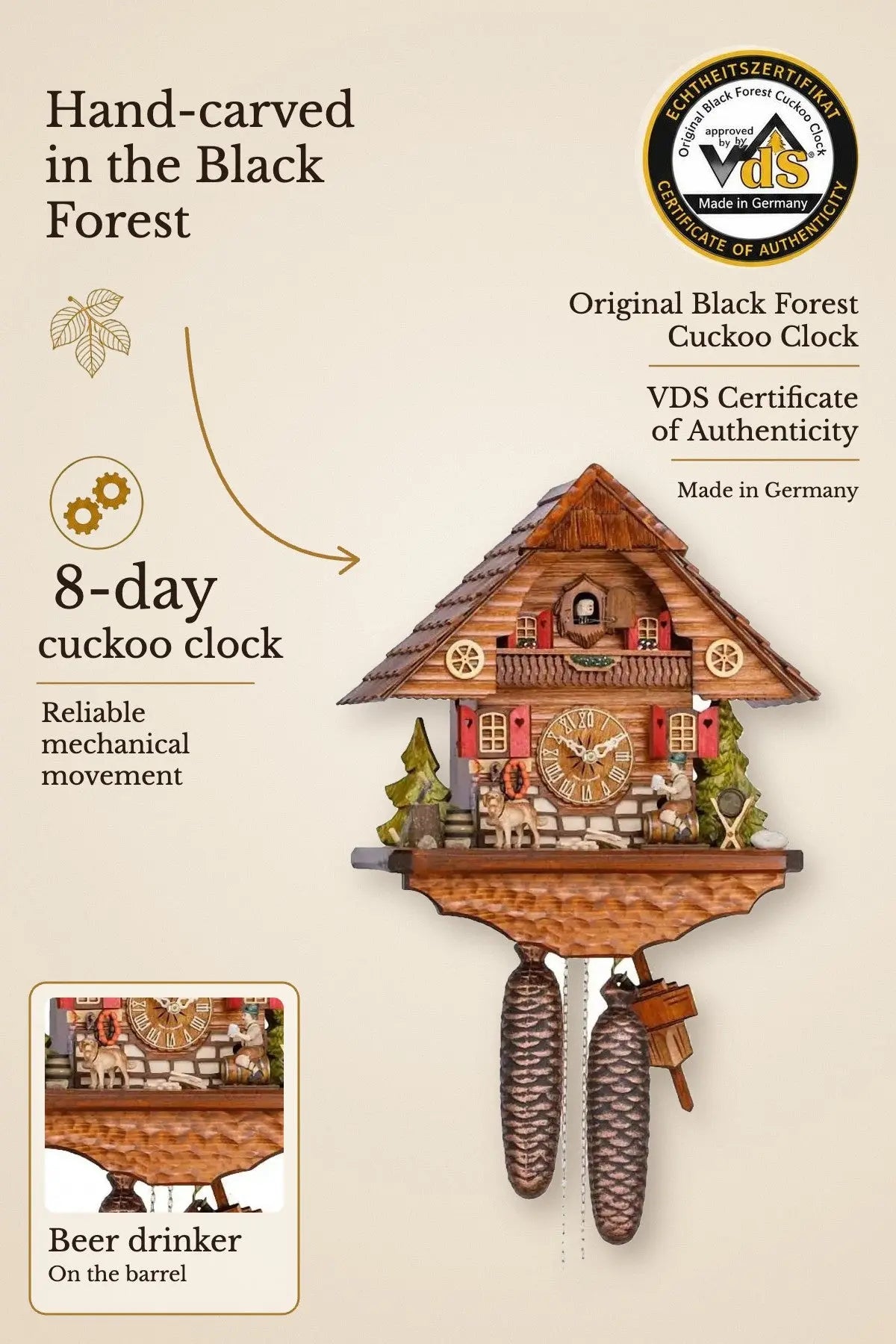 Beer drinker on barrel 8 day cuckoo clock – hand-carved, VDS certified | Montag Steins & Clocks