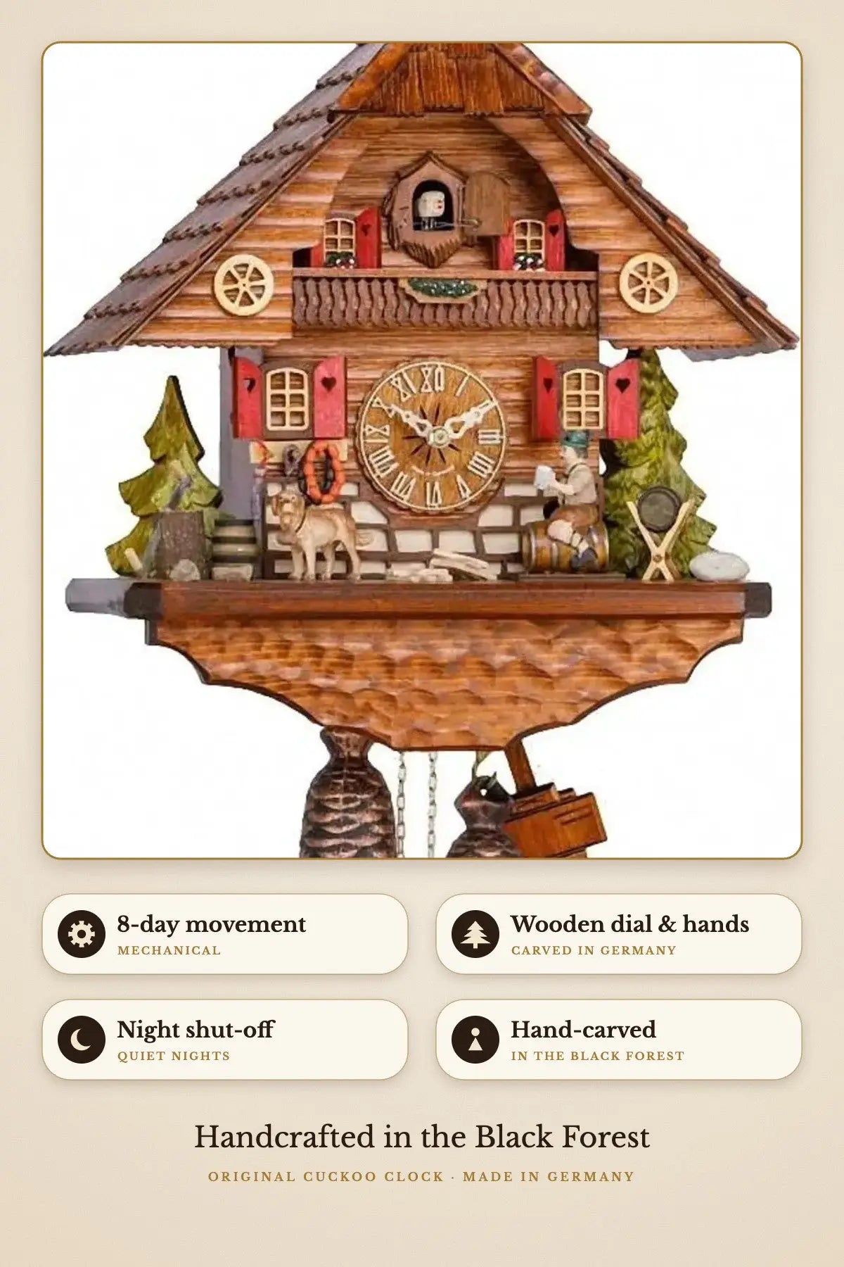 Beer drinker on barrel – 8-day movement, wooden dial, night shut-off | Montag Steins & Clocks