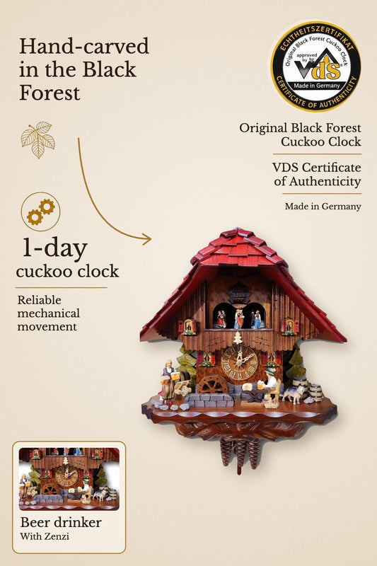 Beer drinker with Zenzi 1-day cuckoo clock with music – VDS certified | Montag Steins & Clocks