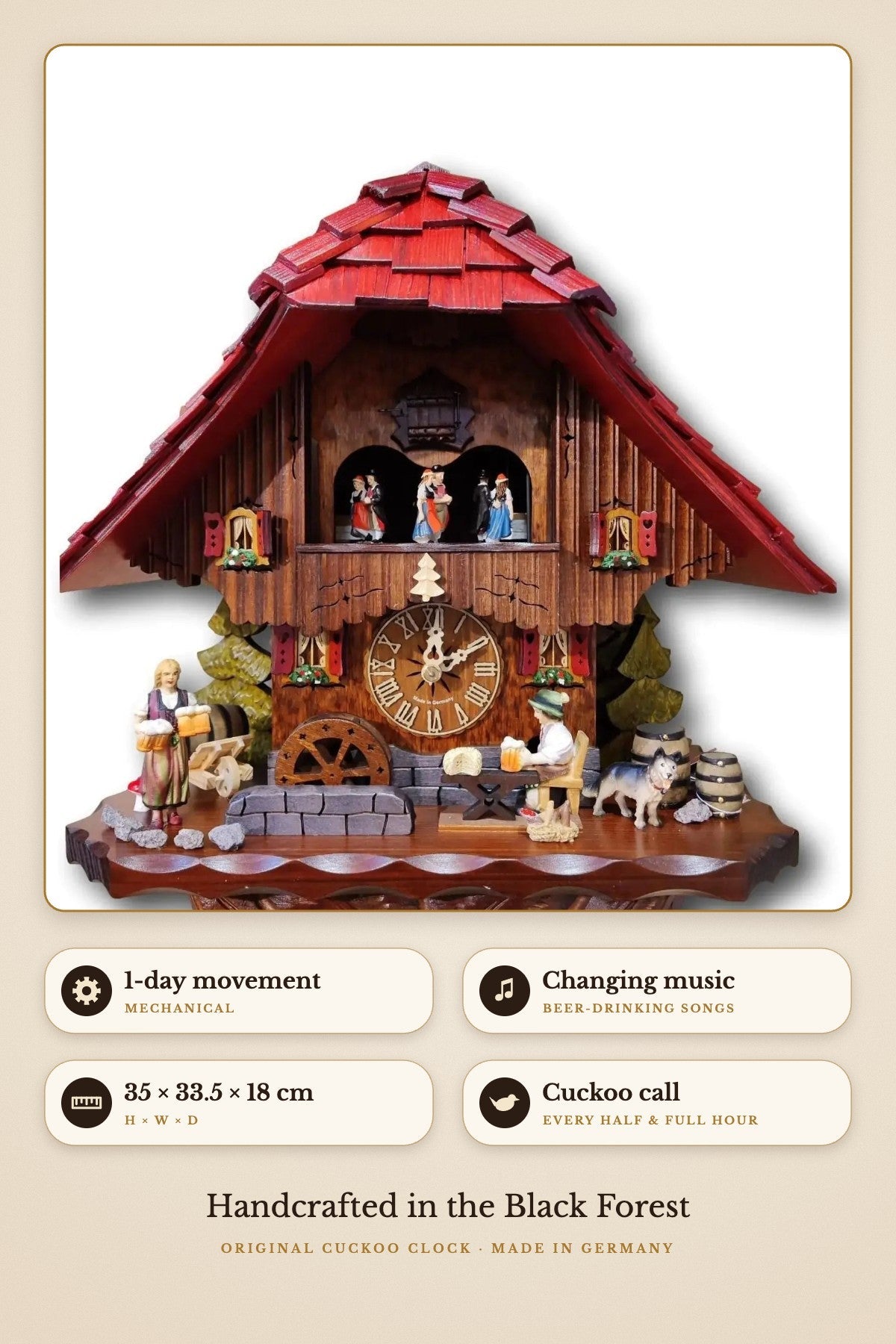 Beer drinker with Zenzi – 1-day, beer-drinking songs, 35 × 33.5 × 18 cm | Montag Steins & Clocks