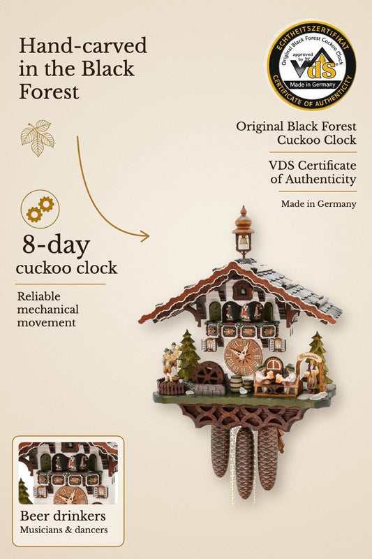 Beer drinkers with musicians and dancers 8 days cuckoo clock with music – VDS certified | Montag Steins & Clocks