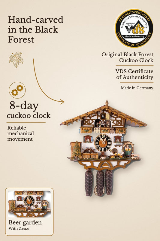 Beer garden with Zenzi 8-day cuckoo clock with music – VDS certified | Montag Steins & Clocks