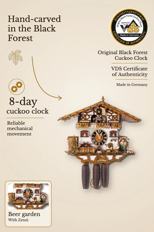 Beer garden with Zenzi 8-day cuckoo clock with music – VDS certified | Montag Steins & Clocks