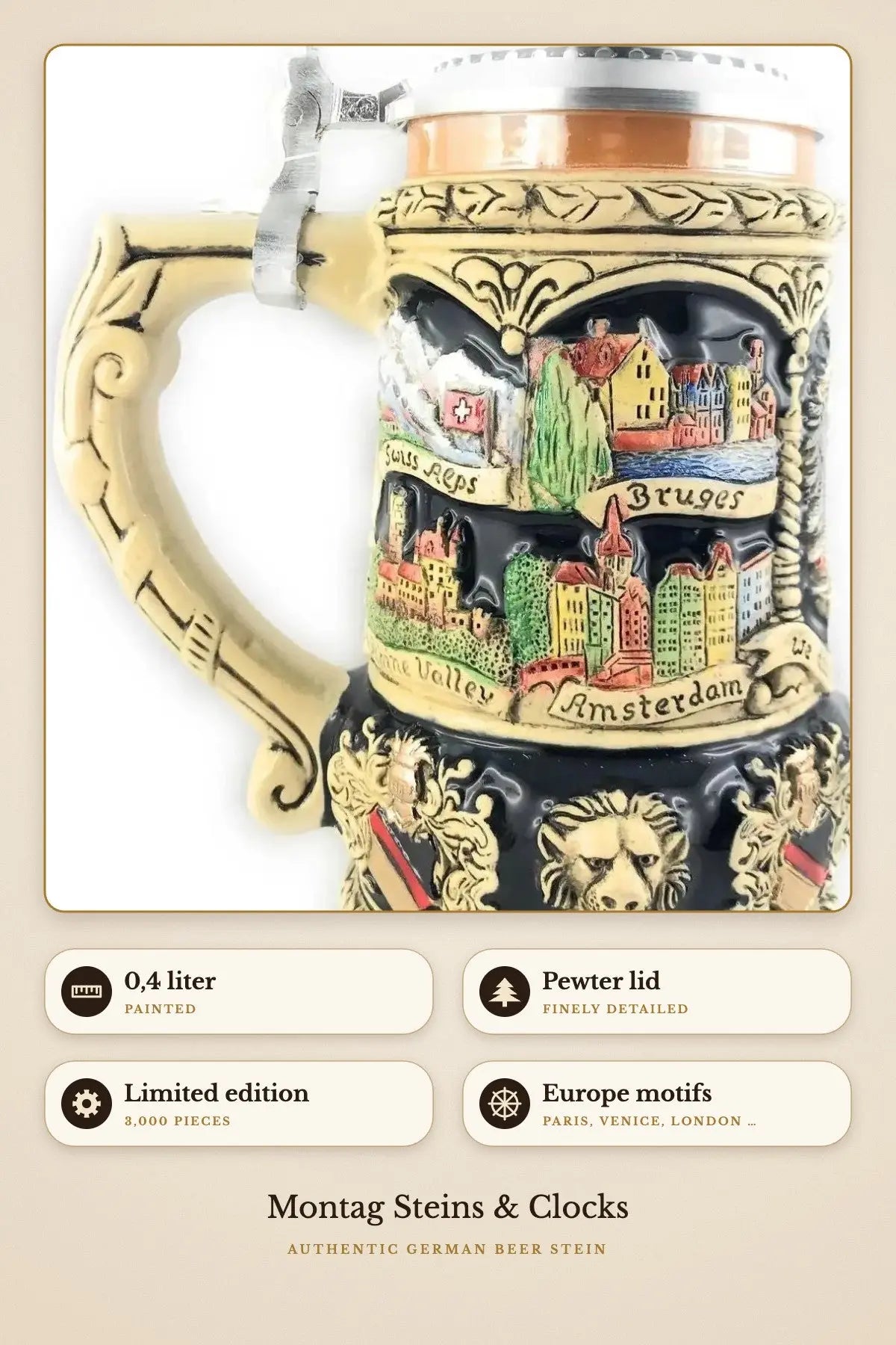 Expat Explore stein – pewter lid, European cities | Montag Steins & Clocks