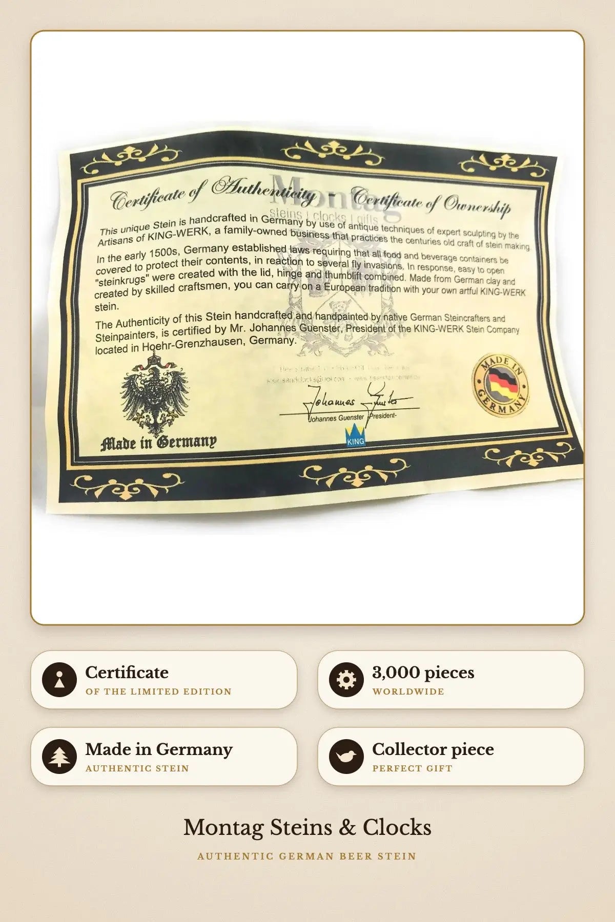 Expat Explore stein – certificate of the limited edition | Montag Steins & Clocks