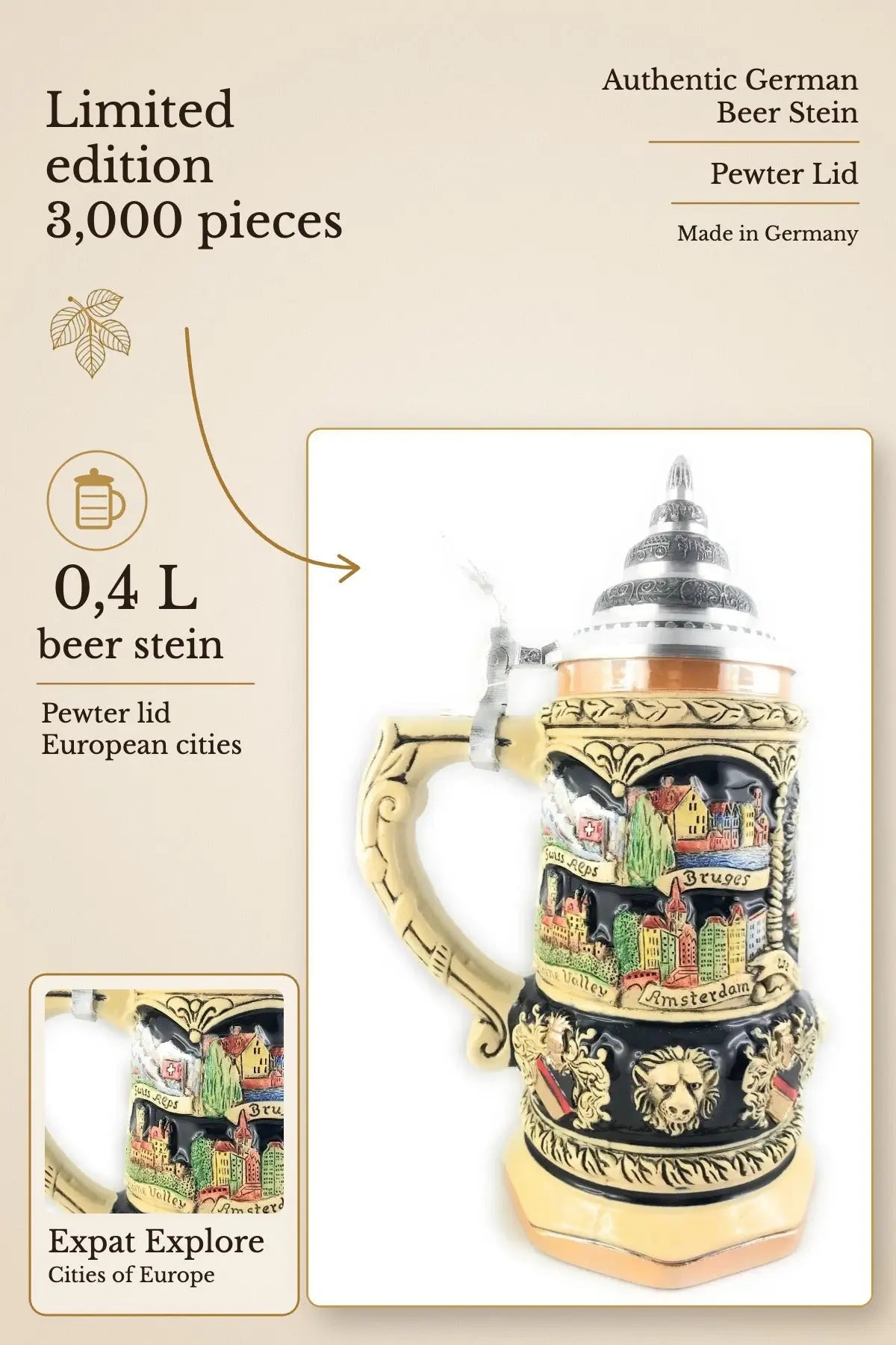 Expat Explore 0,4L beer stein made in Germany – limited 3,000 | Montag Steins & Clocks