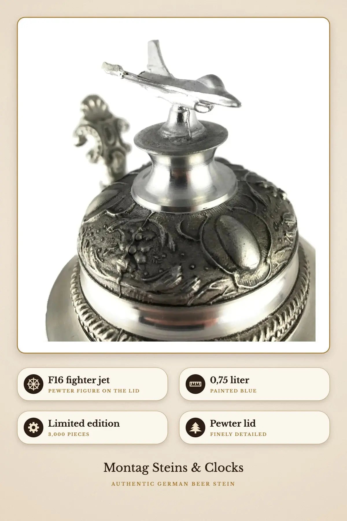 F16 stein – pewter lid with fighter jet figure | Montag Steins & Clocks