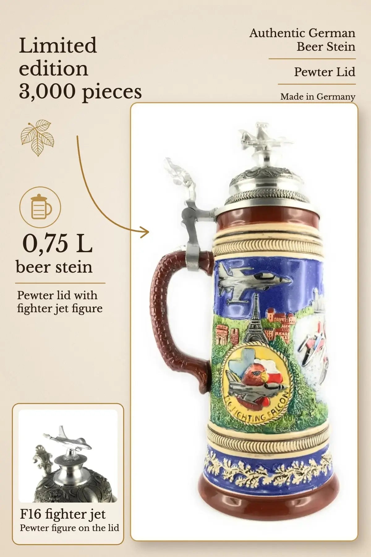 F16 fighter jet beer stein 0,75L – limited edition 3,000 | Montag Steins & Clocks