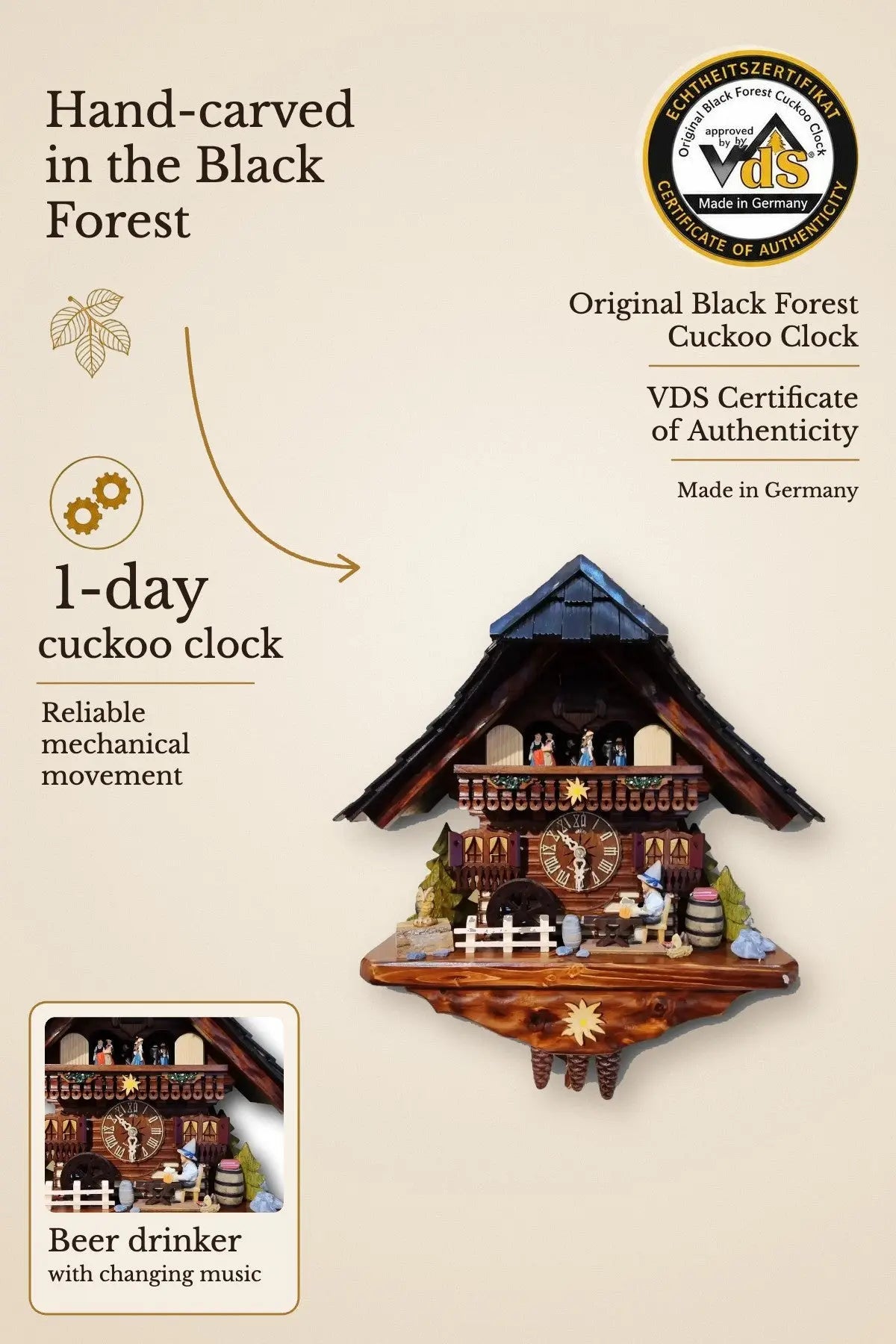 Beerdrinker cuckoo clock with music and grey roof, 1 day – hand-carved, VDS certified | Montag Steins & Clocks